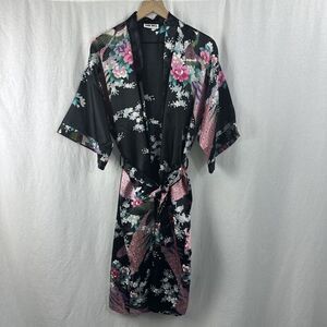 Sam Well Black Floral Peacock Belted Satin Kimono Robe Womens OSFM